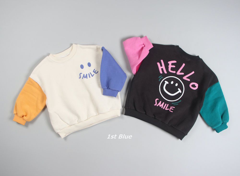 韓國 First Blue - 笑臉撞色拼接袖大學T(裏起毛)-米白