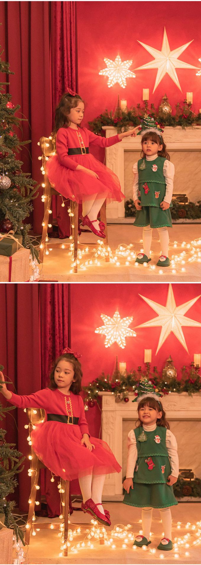 韓國 OZKIZ - (裏起毛,附髮飾)聖誕女孩網紗洋裝