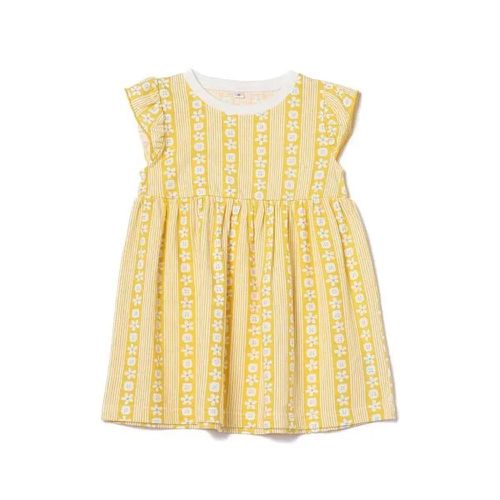 日本西松屋 - 直式歐風花朵荷葉袖洋裝-黃x白