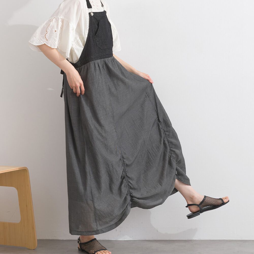 拼接風抽繩飄逸薄牛仔吊帶洋裝-黑灰系