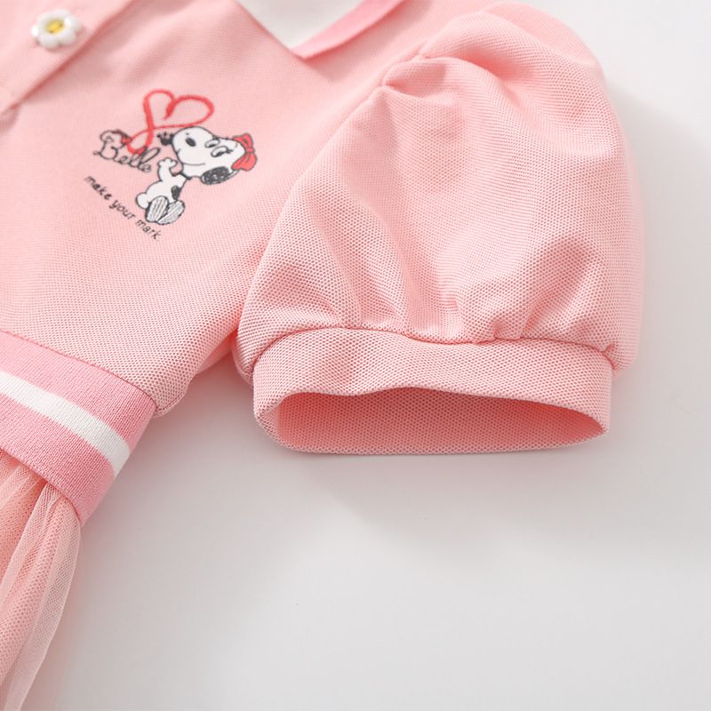 卡通SNOOPY翻領收腰網紗短袖連身裙-Belle愛心-藍色