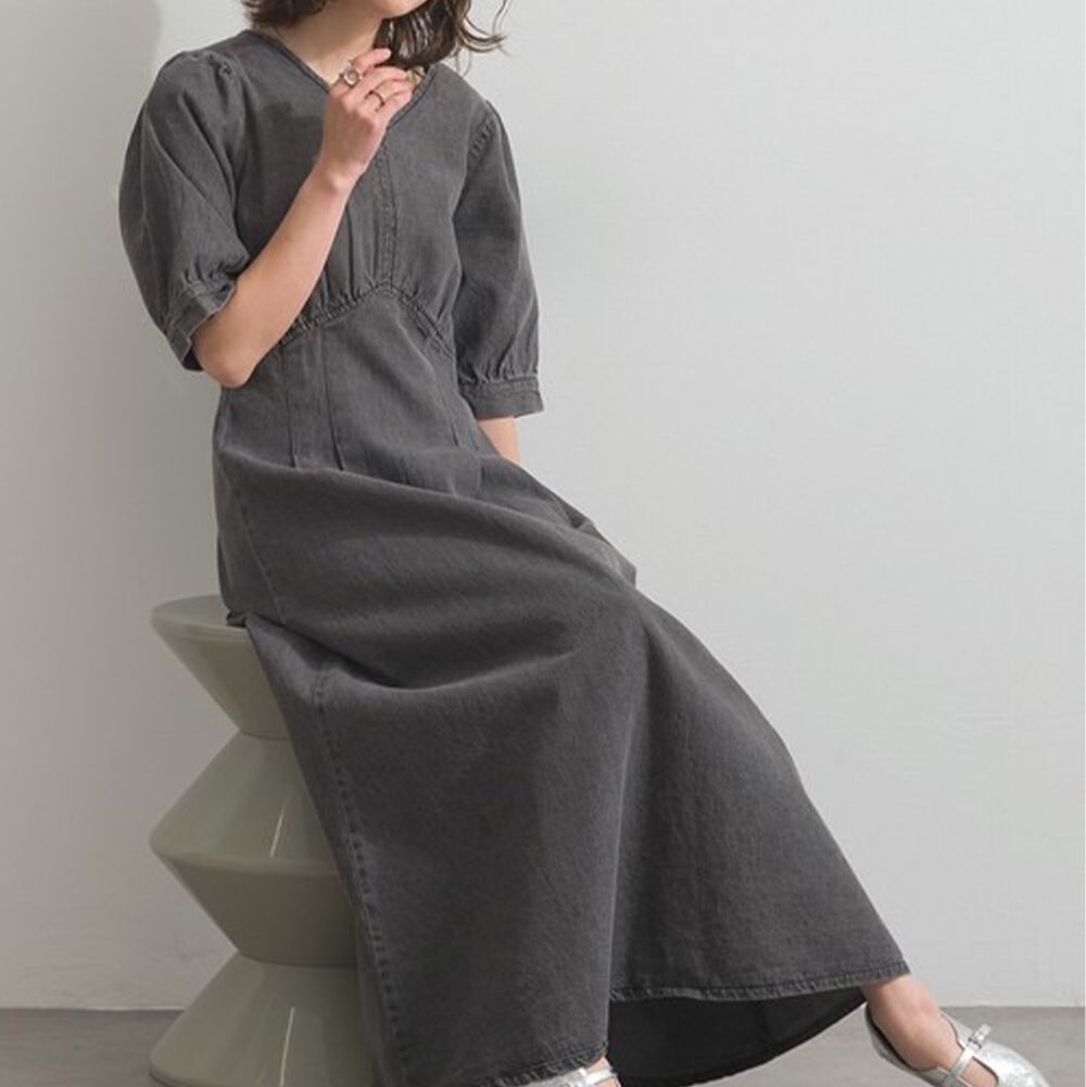 8oz顯瘦V領純棉丹寧澎澎短袖洋裝-灰