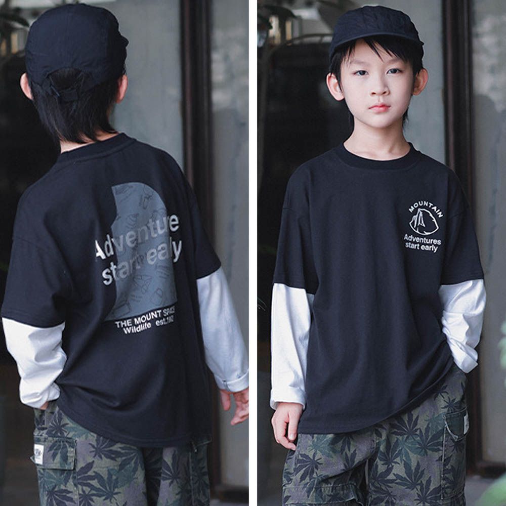 純棉圓領假兩件長袖上衣-山系圖騰-黑色