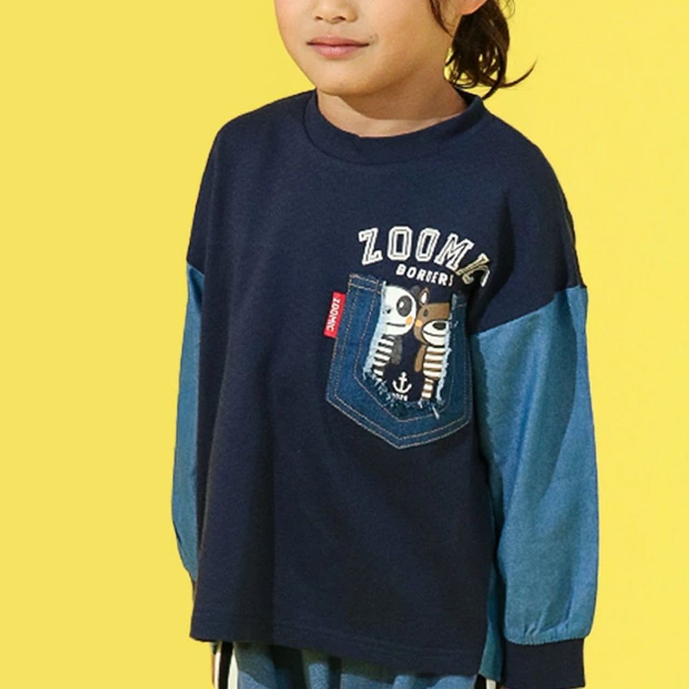 丹寧風小熊長袖上衣-帥氣刷破口袋-海軍藍