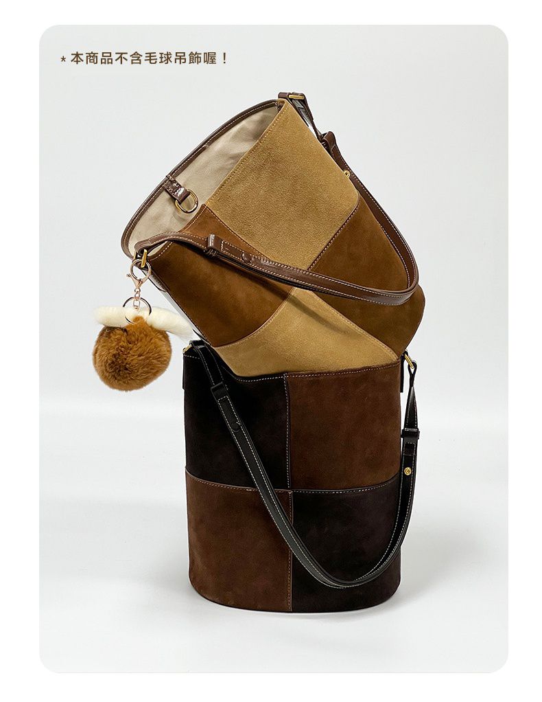 真皮拼接大容量水桶包-淺咖啡色 (27x17.5x22cm)