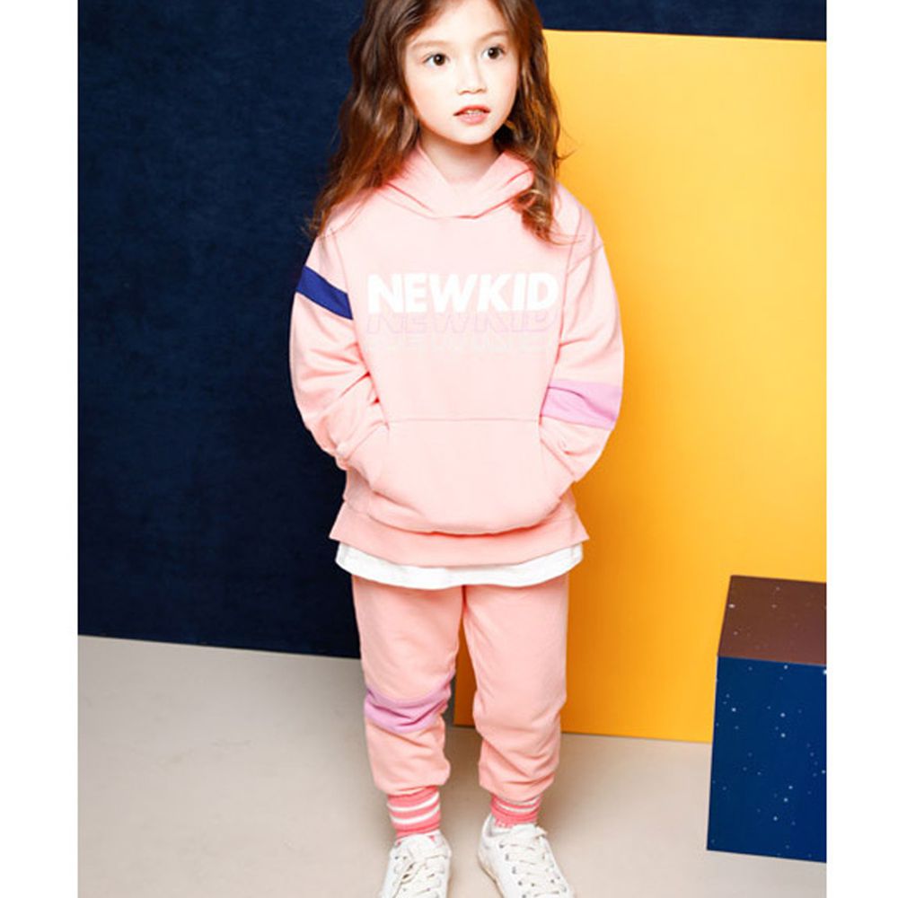 韓國 Jelispoon - 不對稱色袖連帽T套裝-粉紅
