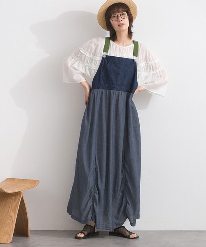 日本 Lupilien - 拼接風抽繩飄逸薄牛仔吊帶洋裝-藍灰系
