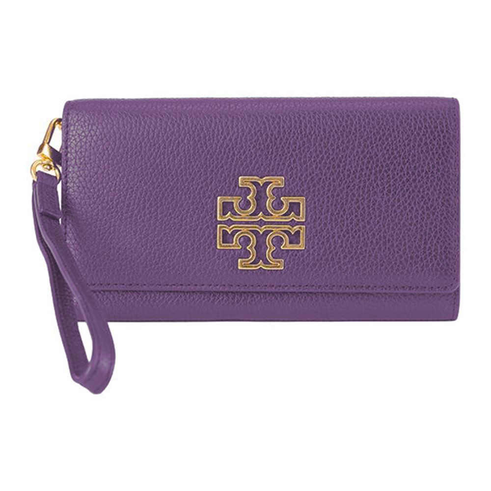 TORY BURCH - 雙T-LOGO皮革翻蓋手拿包長夾 (深萄葡紫)