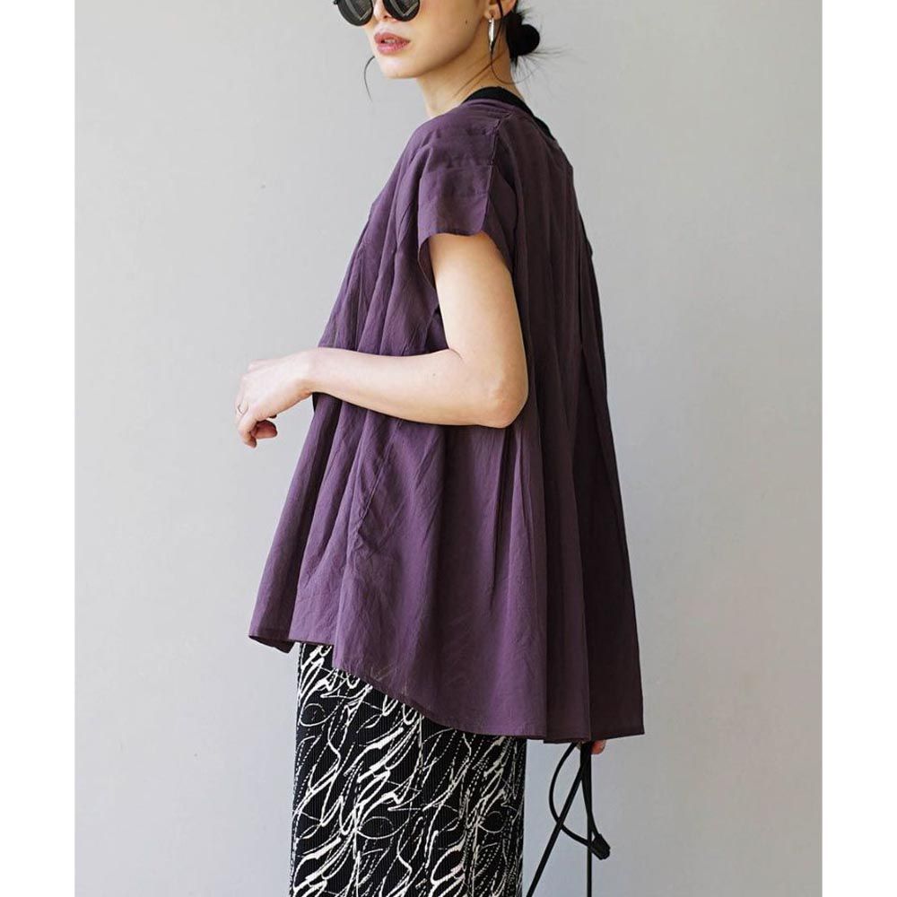 日本 zootie - 100%棉 輕透圓領細摺短袖襯衫-深紫