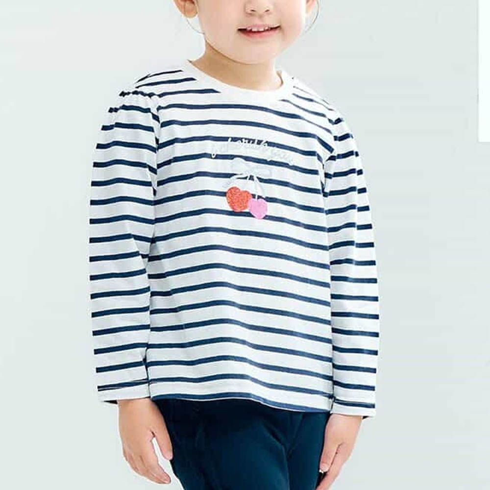 天天穿百搭印花長袖上衣-條紋櫻桃-黑X白