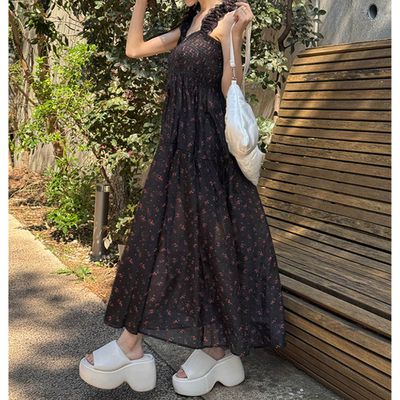 日本 GRL - 甜美歐根紗合身皺摺肩帶洋裝-黑 (F)