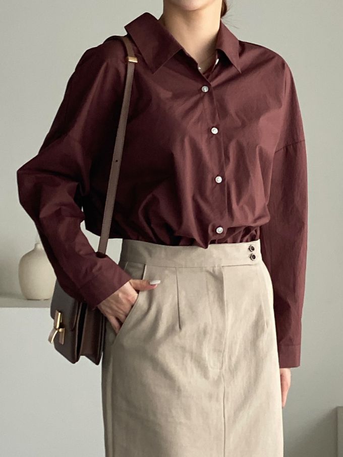 韓國女裝連線 - 知性背後抓褶翻領長袖襯衫-咖啡紅 (FREE)