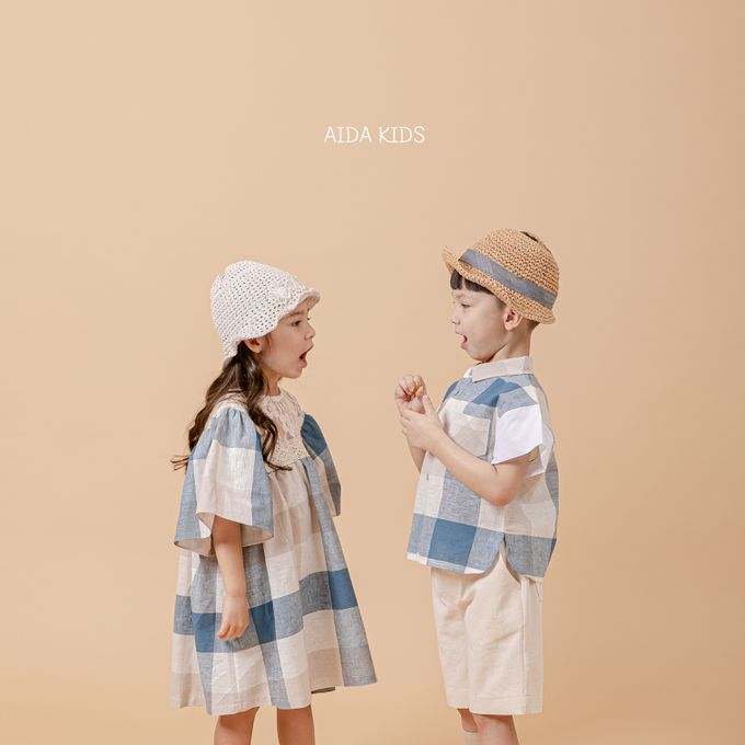 韓國 AIDA - 休閒風格子短袖翻領襯衫-藍X米