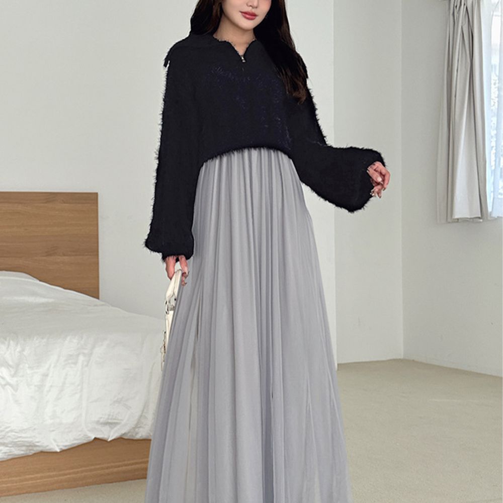 毛絨半拉鏈翻領上衣+薄紗細肩帶洋裝2件組-黑系 (F)