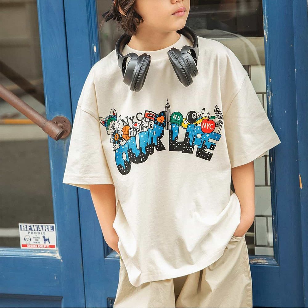 美式寬鬆感印花五分袖上衣-紐約城市-象牙白