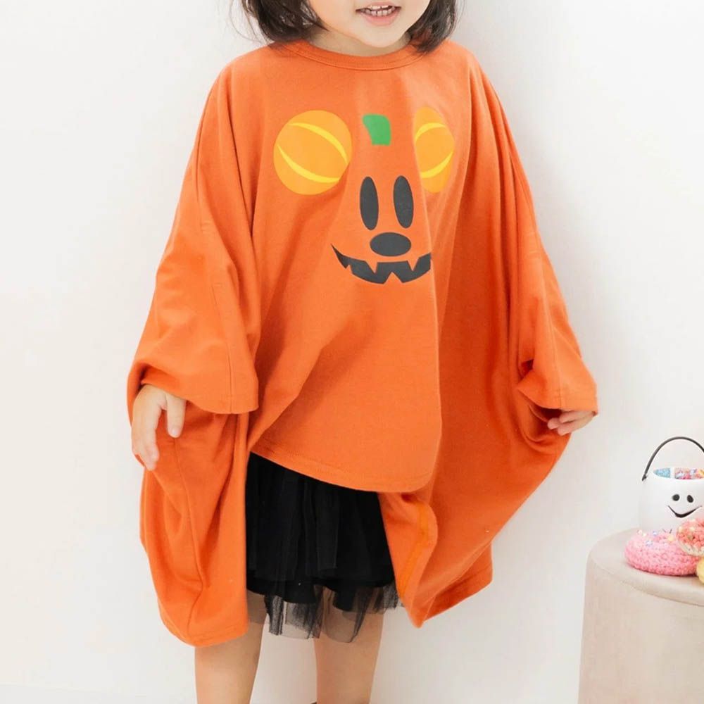 萬聖節聯名限定 寬鬆斗篷長袖上衣-卡通人物南瓜米奇-橘