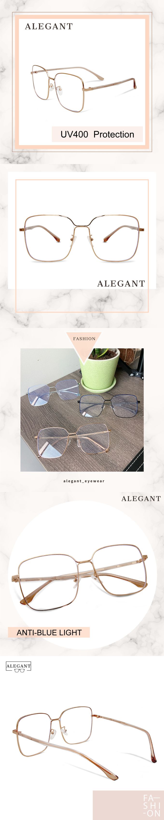 ALEGANT - 燭台金幾何圓弧修飾多邊設計金屬框UV400濾藍光眼鏡