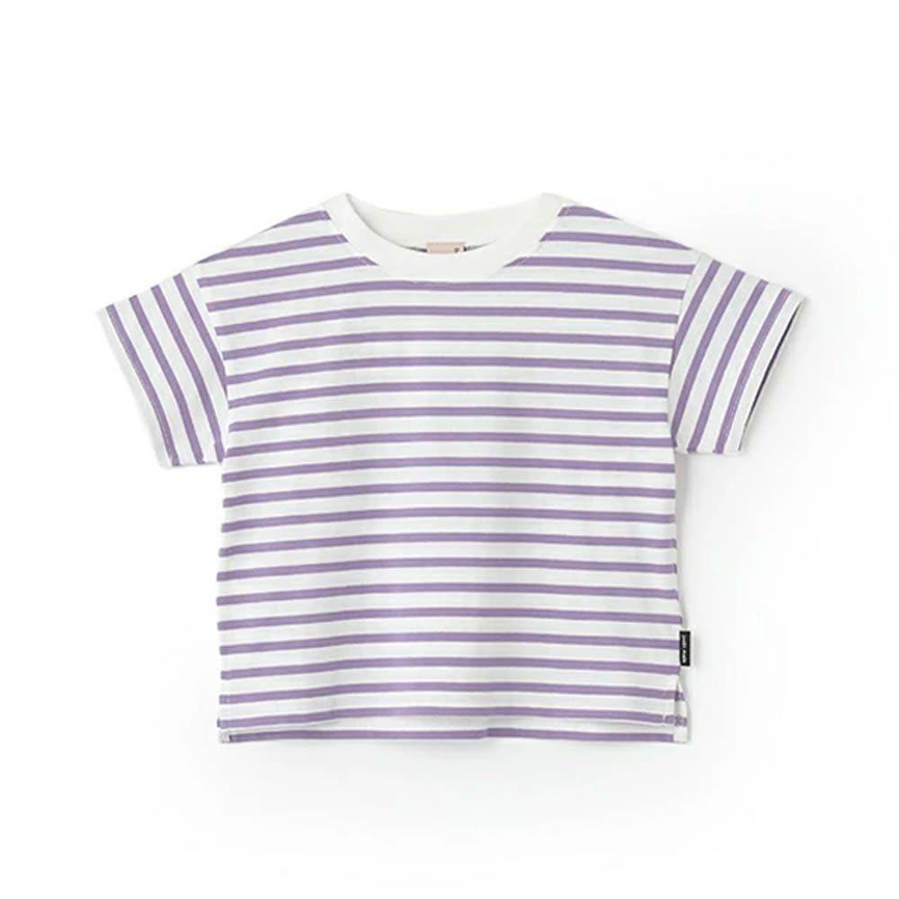[低價]接觸冷感 條紋短袖上衣-紫x白