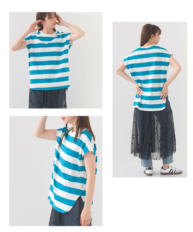 日本 OMNES - 接觸冷感 純棉不易皺法式袖上衣-粗條紋-藍綠x白