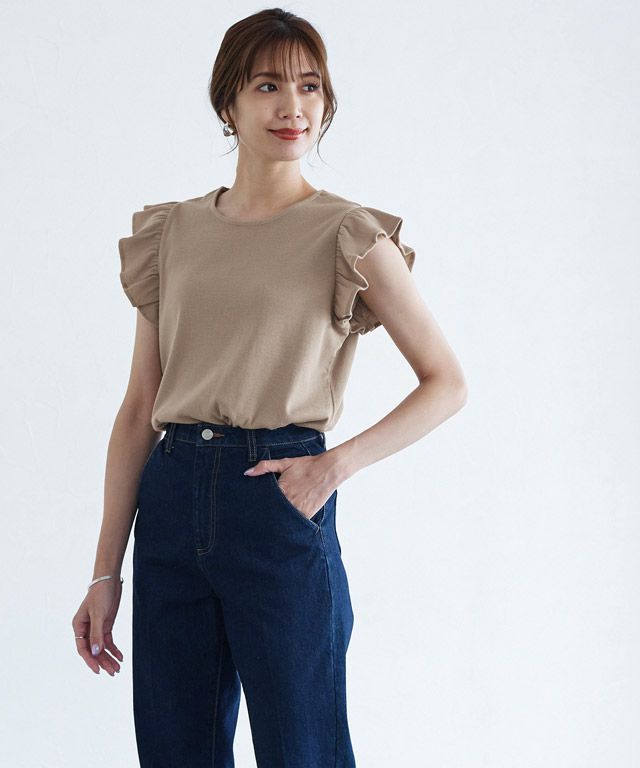 日本 Pierrot - 棉混柔美圓領荷葉袖上衣-珊瑚橘