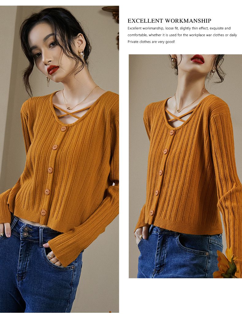 V領綁帶坑條長袖針織上衣-橘黃色