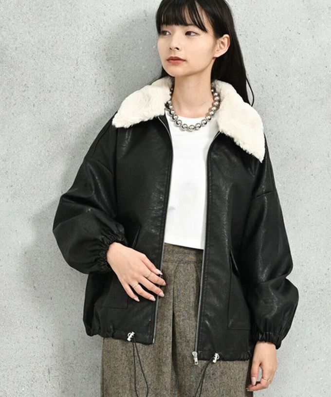 日本 ELENCARE DUE - 2way毛領質感仿皮俐落夾克外套-深咖啡