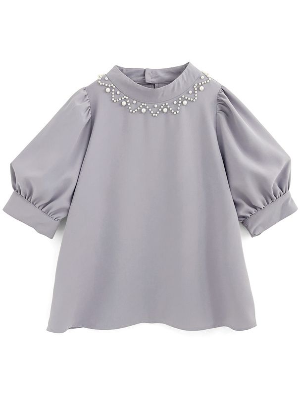 日本 GRL - 優雅珍珠點綴圓領澎澎袖上衣-淺米杏 (F)