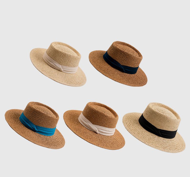 復古編織平頂遮陽草帽-藍色卡其 (56-58cm)