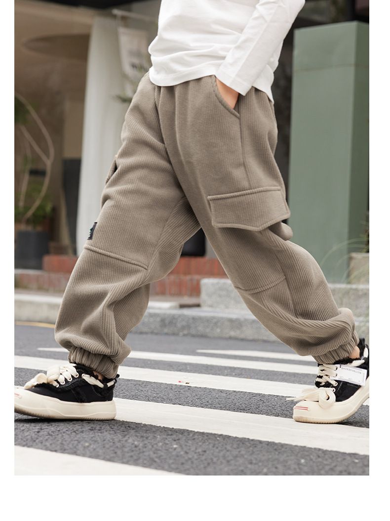 加絨腰鬆緊休閒工裝保暖長褲-小小標籤-奶咖啡色