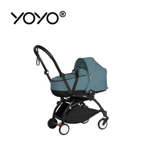YOYO² 法國 Bassinet 0+新生兒睡籃推車(含車架)-黑色車架+湖水藍睡籃