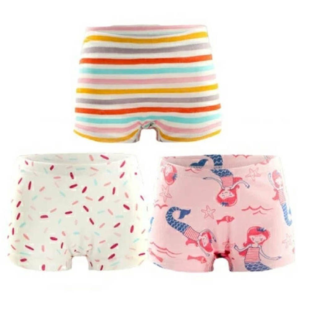[樂天4冠王]純棉透氣女孩內褲(3入)-線條x美人魚x條紋-白粉彩色