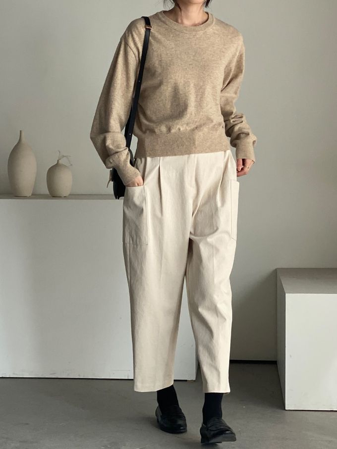 韓國女裝連線 - 鬆緊腰雙口袋錐形修飾長褲-米白 (FREE)