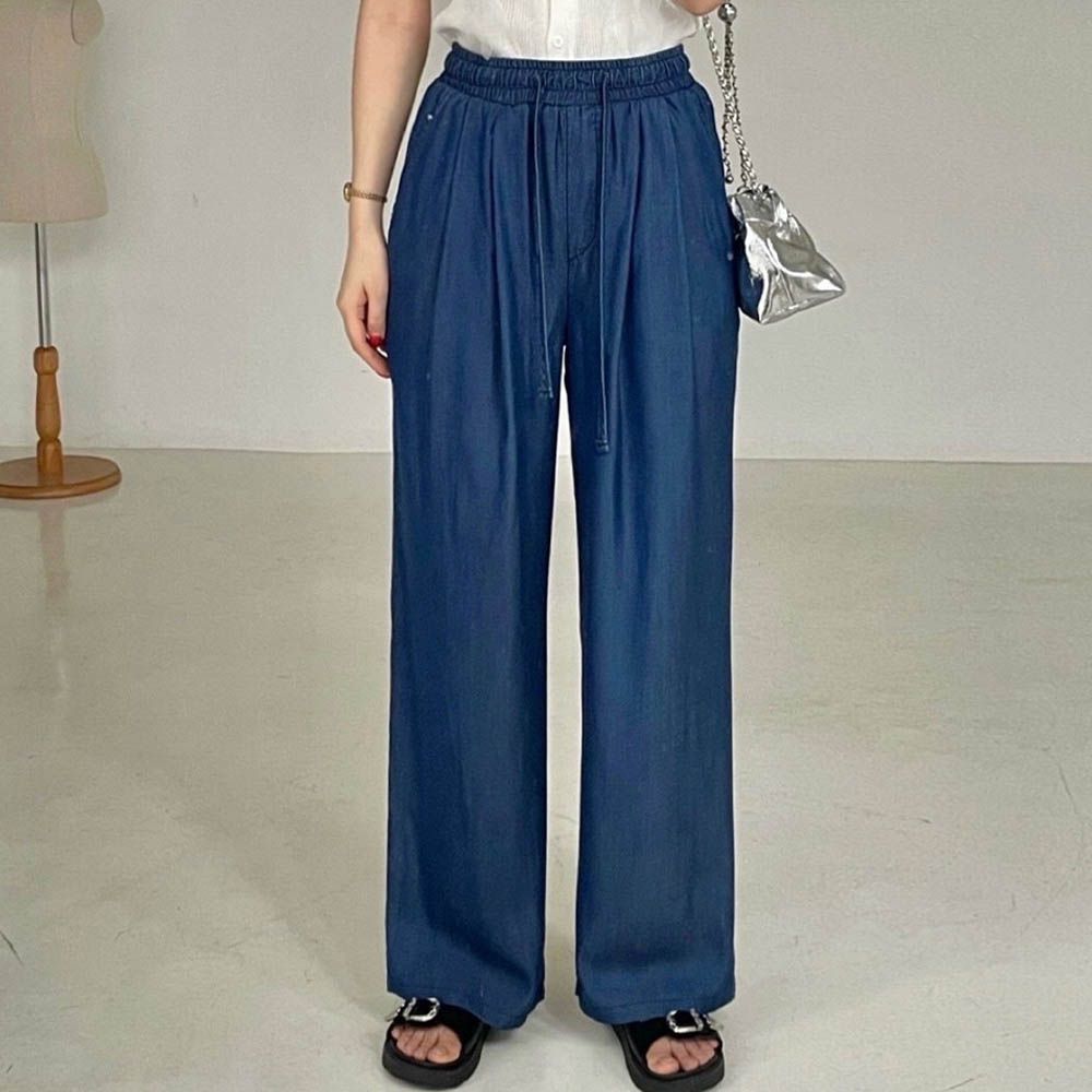 鬆緊腰天絲柔軟X清涼丹寧寬褲-深藍