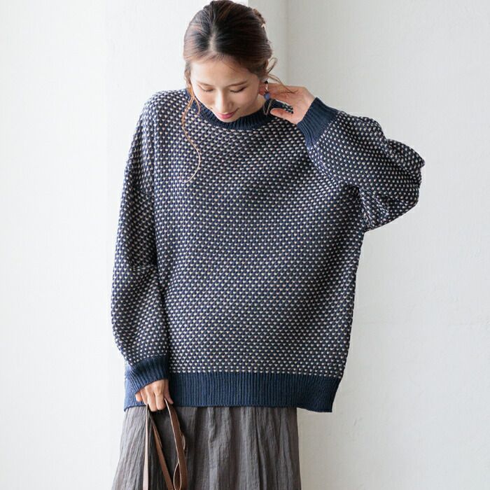 日本 ihuu - 格子編織落肩氣球袖毛衣-磚紅x杏