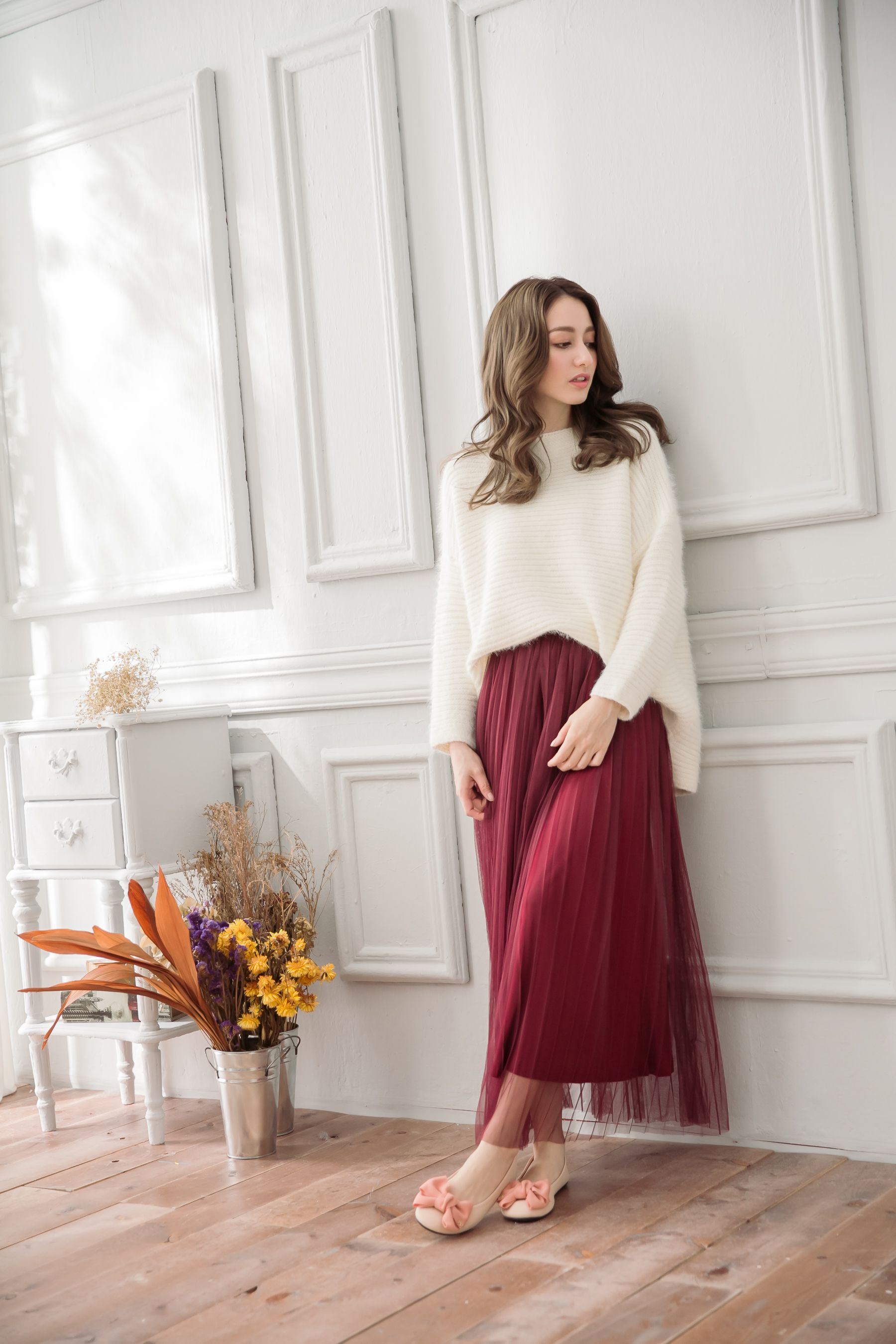 Peachy - 獨家訂製綿柔優雅綁帶百褶紗裙-綁帶百褶版-葡萄酒紅 (F)