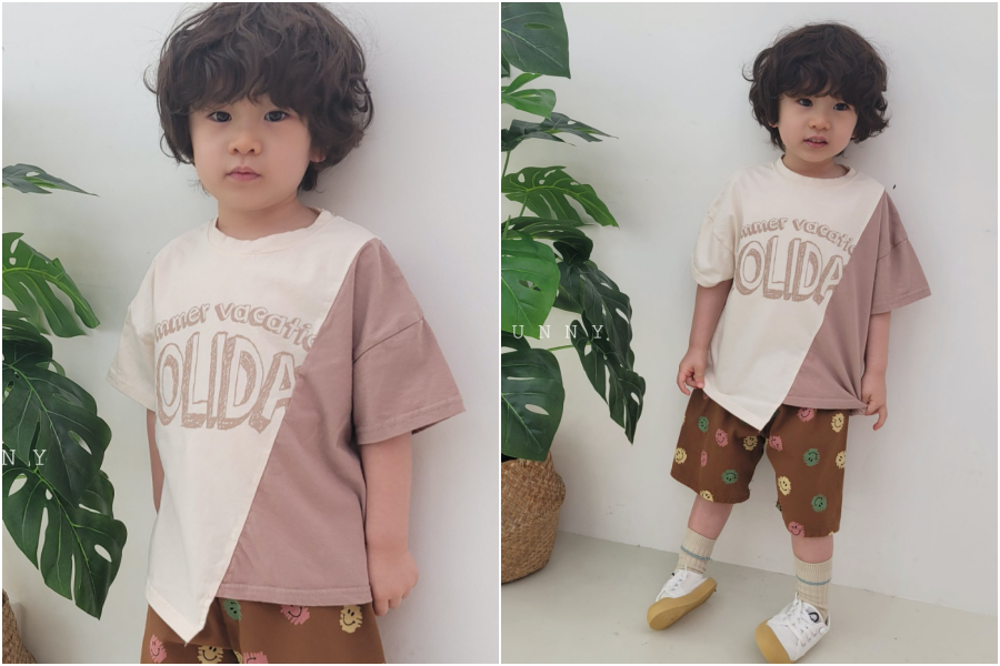 韓國 The Funny - 不對稱設計拼色純棉T-象牙白X藕粉