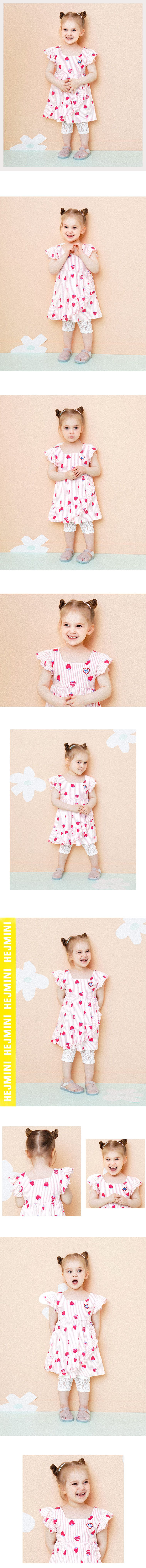 韓國 HEJMINI - 荷葉袖直條紋草莓高腰洋裝-粉紅