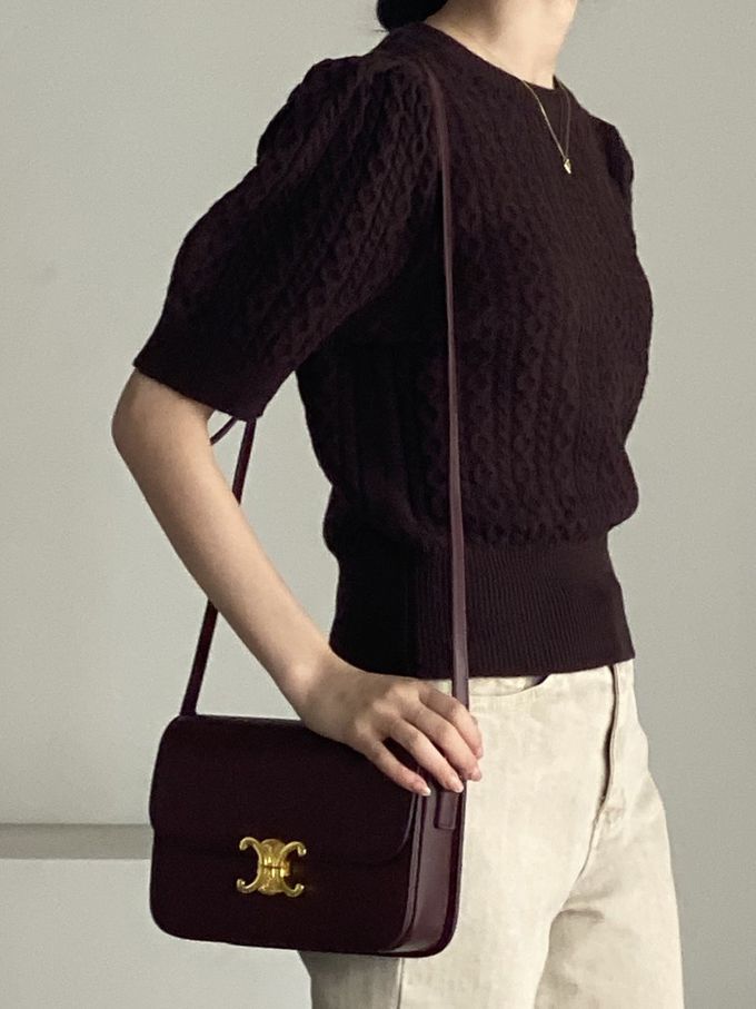 韓國女裝連線 - 麻花辮編織五分袖針織上衣-咖啡紅 (FREE)