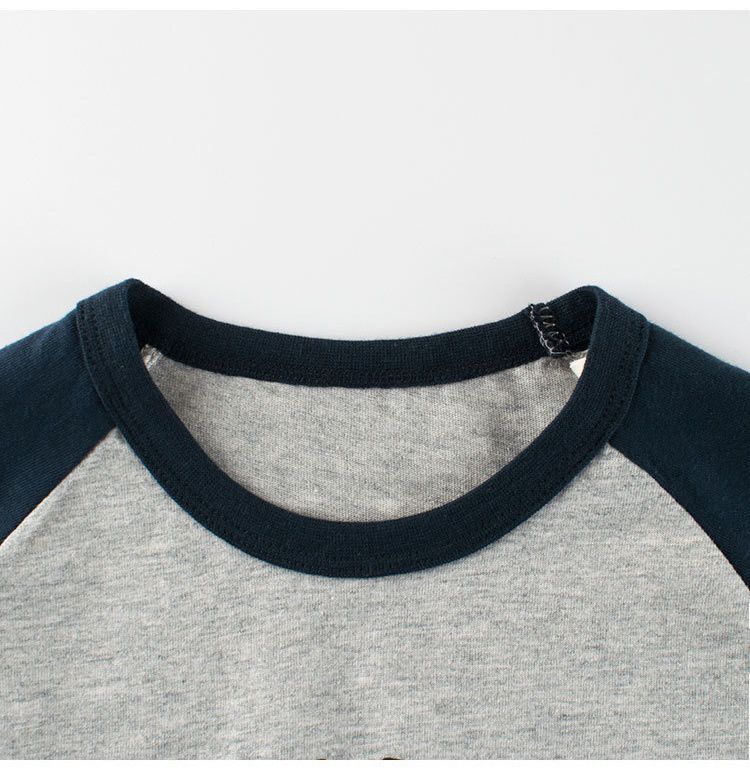 純棉圓領薄長袖上衣-熊熊臉-深藍+灰