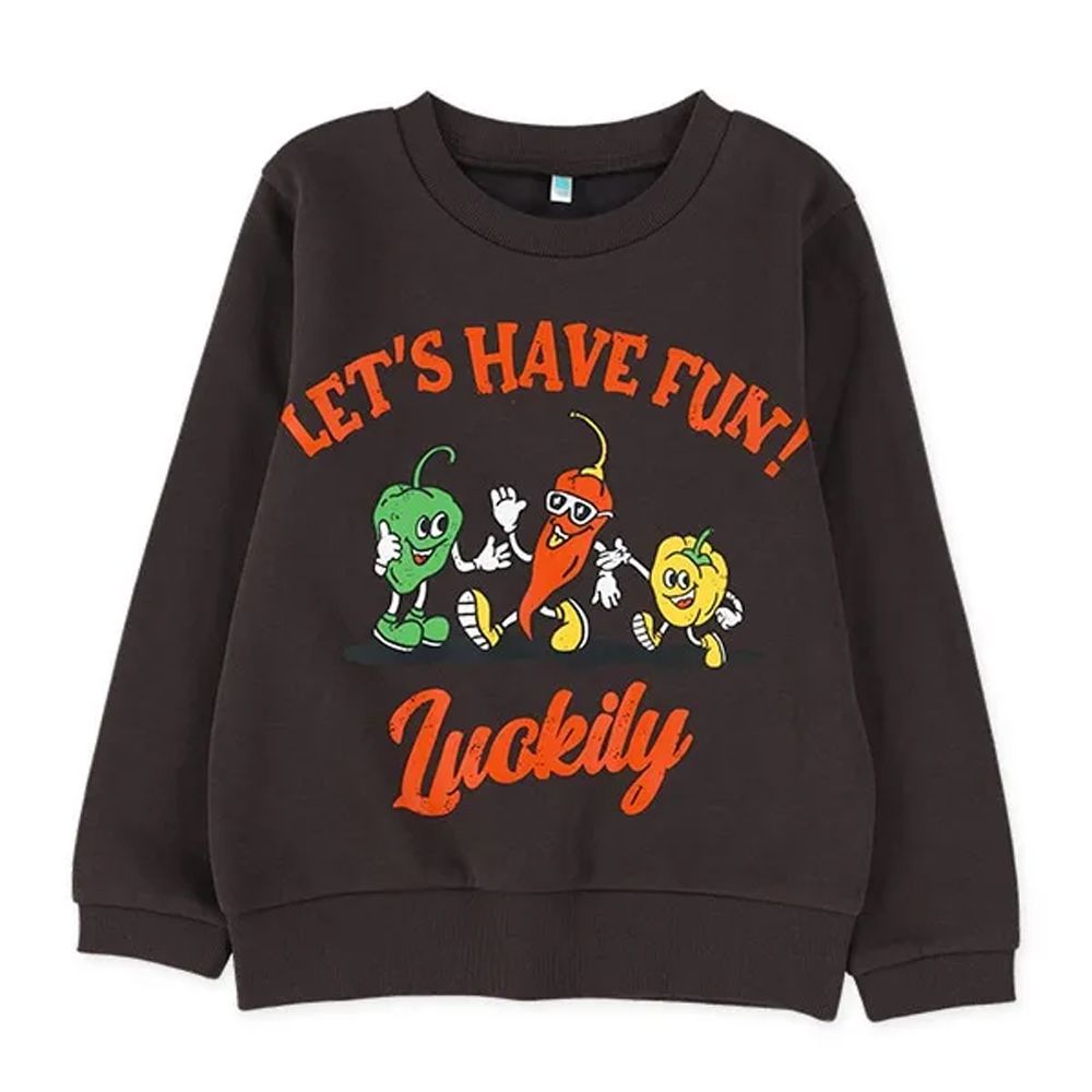 裏起毛 幽默美食保暖長袖上衣-辣椒好朋友-炭灰