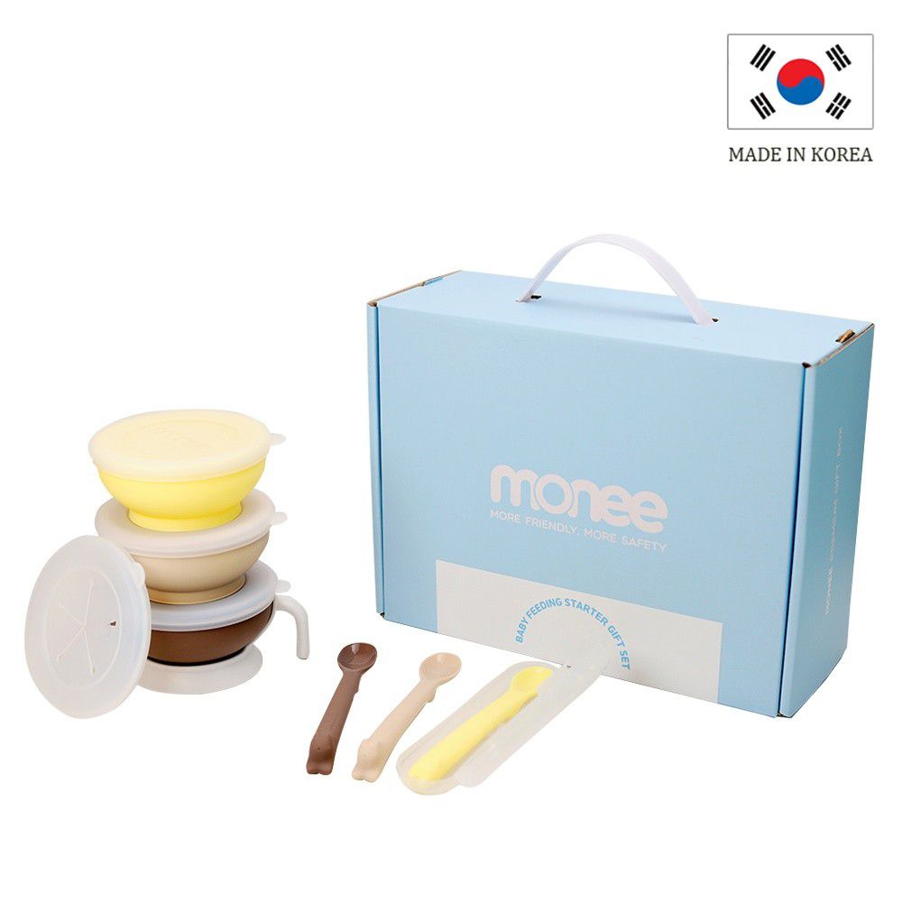 韓國 monee - 寶寶白金矽膠碗+白金矽膠湯匙 禮盒組-檸檬黃 、咖啡色、奶茶棕組合套組-150ml (5.1oz)X3