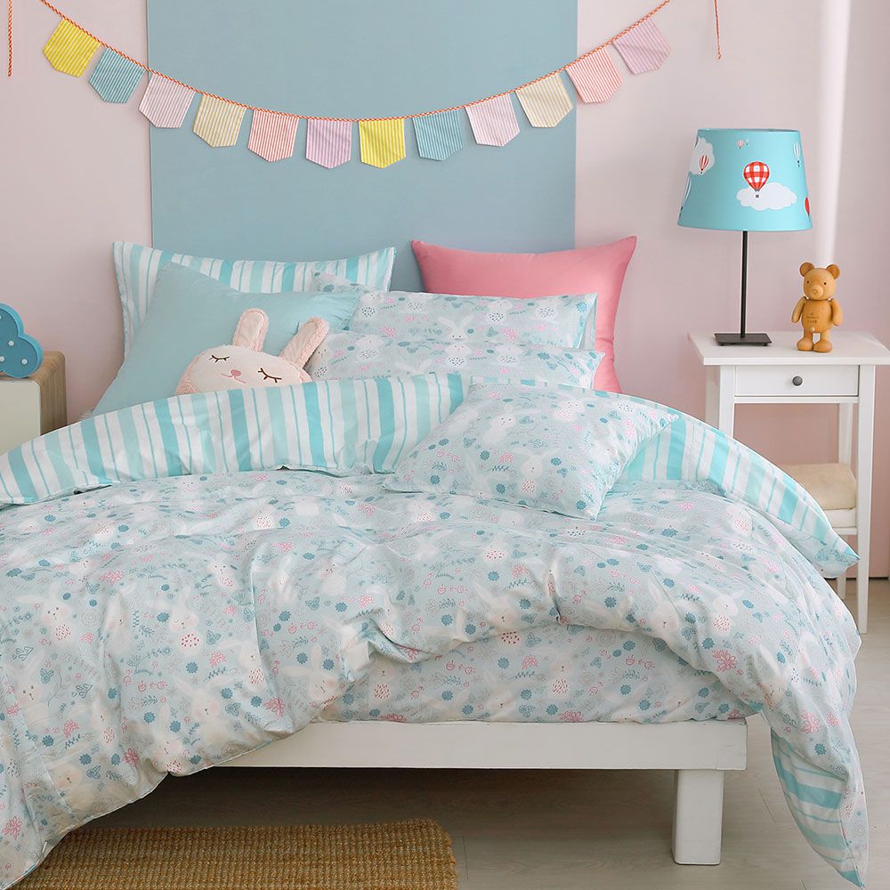 鴻宇 HongYew - 雙人特大床包兩用被套組 美國棉授權品牌 300織-眠眠兔-藍