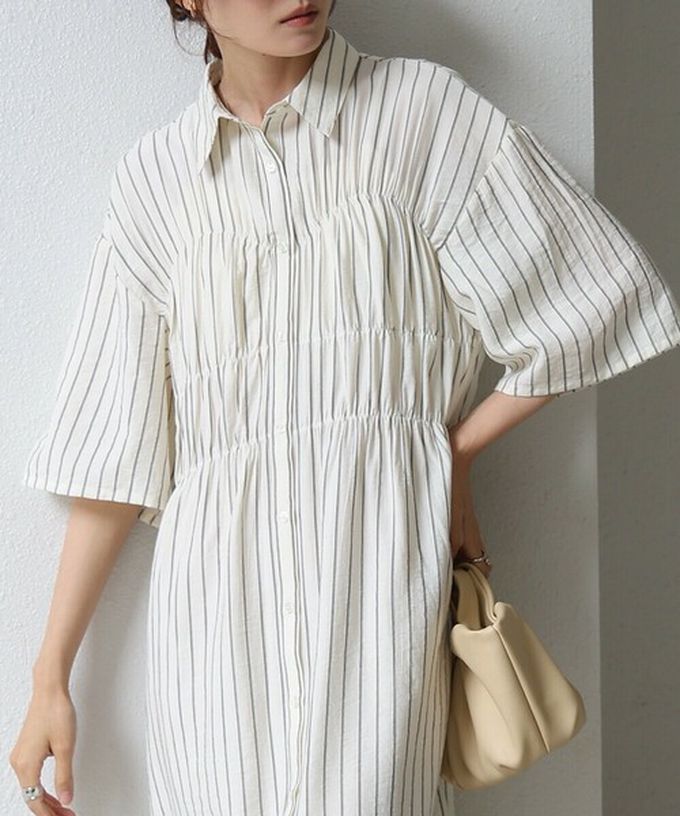 日本 Bab - 時尚抓皺襯衫式五分袖洋裝-條紋-藍