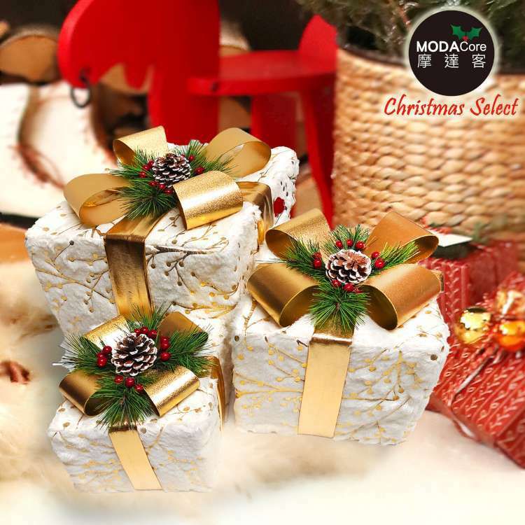 MODACore 摩達客 - 白毛絨燙金花紋蝴蝶節禮物盒套組擺飾(一組含大中小三入)