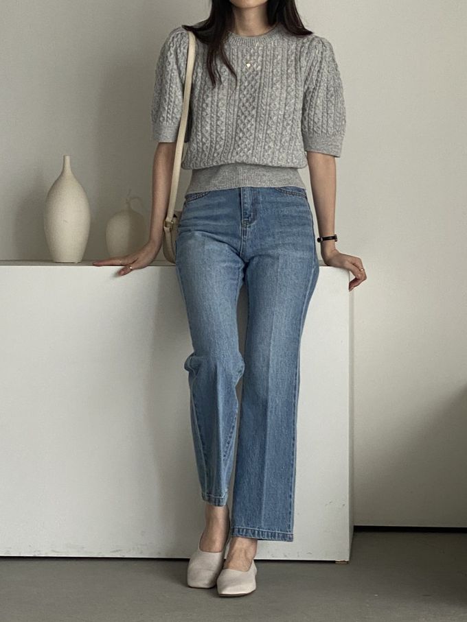 韓國女裝連線 - 麻花辮編織五分袖針織上衣-淺灰 (FREE)