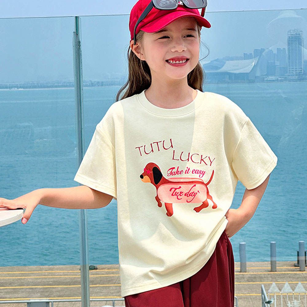 休閒圓領落肩短袖上衣/T恤-童趣萌繪-黃杏色