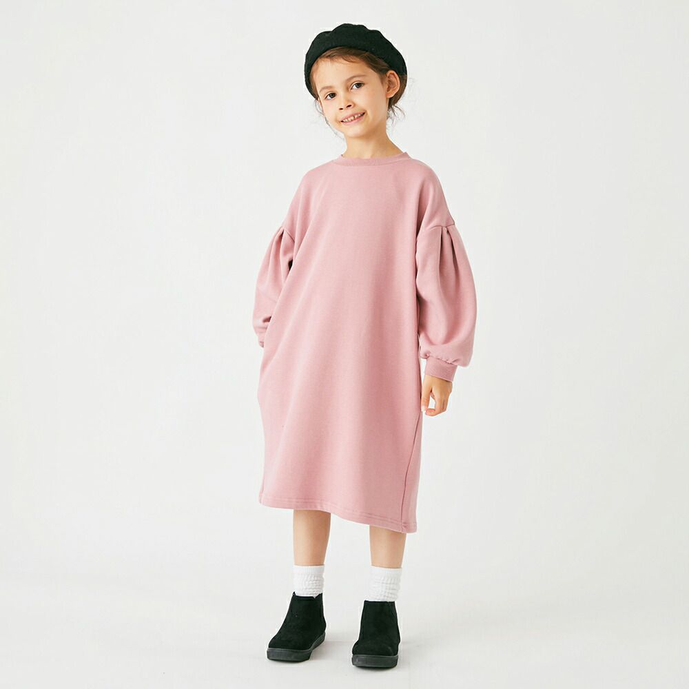 日本 evercloset - 裏毛厚磅背後拼接泡泡長袖洋裝-粉紅