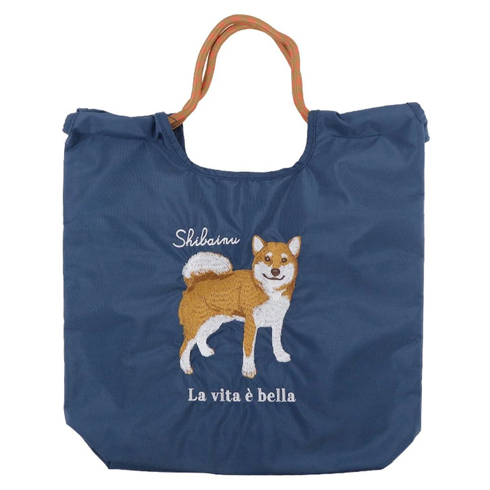 萌趣動物刺繡編繩肩背/手提包-柴犬-海軍藍 (H32×W37×D7)