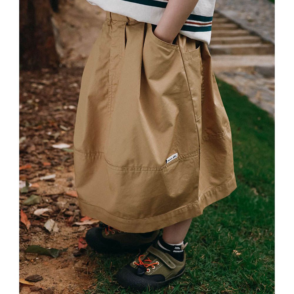 純棉百搭工裝中長裙-卡其色