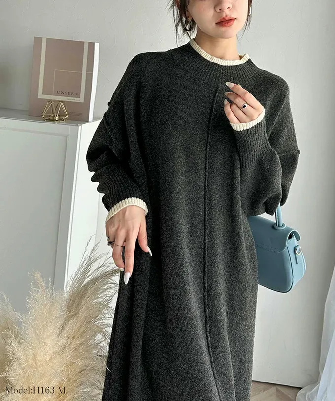 日本 Classical Elf - 溫暖滾邊小立領優雅針織長袖洋裝-黑